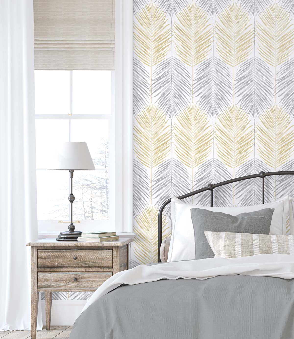 NextWall  Two Toned Palm Peel and Stick Wallpaper 20.5 in. W x 18 ft. L - Wheat & Daydream Grey