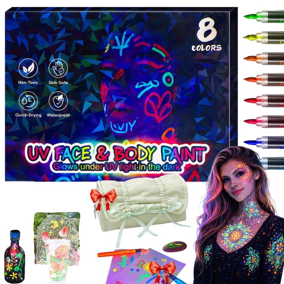 Glow Face and Body Paint Markers Set, 8 Neon Colors, Glow in the Dark Face paint, Luminous Art Pens, Washable Temporary Tattoo & Party Makeup, Glows Under UV Light(8Pcs)
