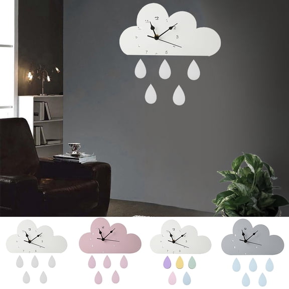 Opvise Nordic Wooden Cloud Raindrop Shaped Wall Clock Nursery Kids Room Decoration Blue