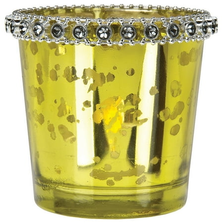 - Vintage Mercury Glass Candle Holder with Rhinestones (2.5-Inch, Lila Design, Chartreuse Green) - For Use with Tea Lights - For Parties, Weddings, and Homes