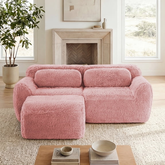 FFZ L-Shaped Boneless Sofa Soft Fluffy Plush Fabric Chaise 32D Sponge Ergonomic Anti-Slip Throw Pink For Living Room