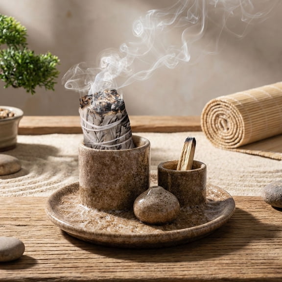 Palo Santo Burner, 4 in 1 Incense Bowl and Ceramic Sage Holder Tray for Stick Incense, Meditation Yoga Room Aromatherapy Decor with Sturdy Base