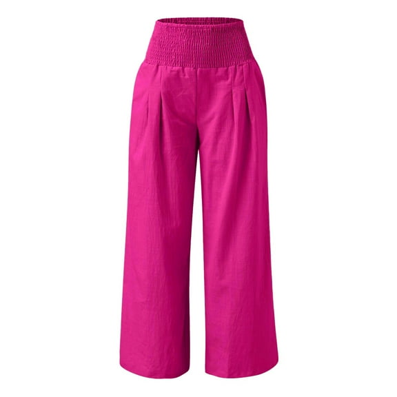 AOMPMSDX High Waist Wide Leg Palazzo Pants For Women Smocked Elastic Waist Loose Comfy Casual Pajama Pants Pockets Hot Pink L