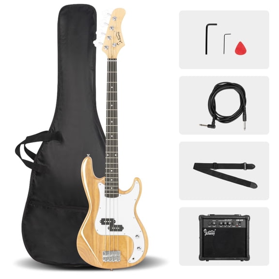 Electric Bass Guitar - 4 String Bass Guitar with 20 Watt Amplifier, Split Single-Coil Pickup, Maple Neck, Rosewood Fingerboard, Basswood Body (Burlywood)