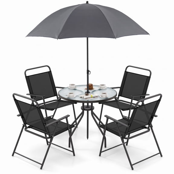 Furnibear 6 Piece Patio Dining Set with Tilt Umbrella 4 Folding Chairs and Glass Table for Garden Lawn and Backyard, Gray