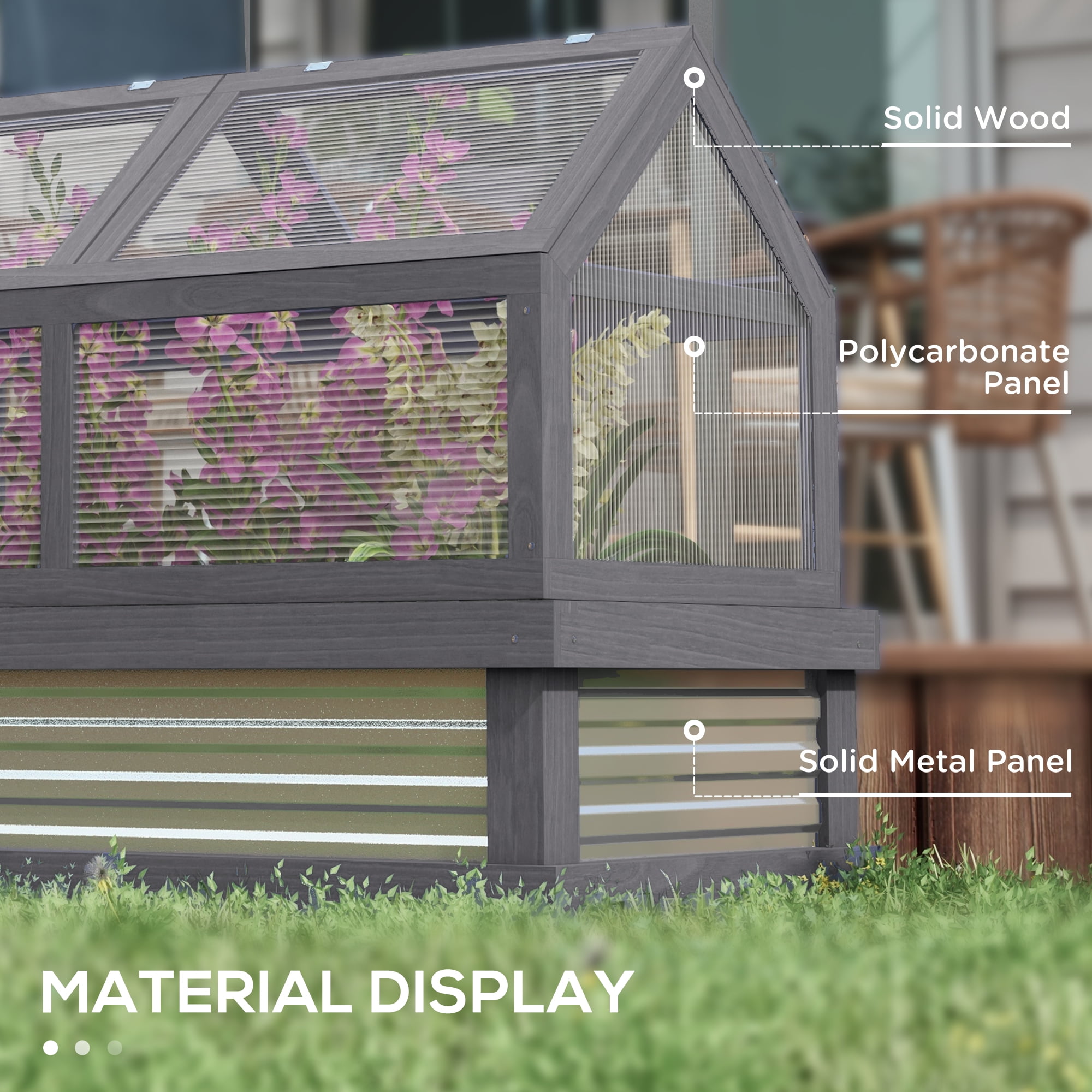 Outsunny Raised Garden Bed with Polycarbonate Greenhouse, Gray
