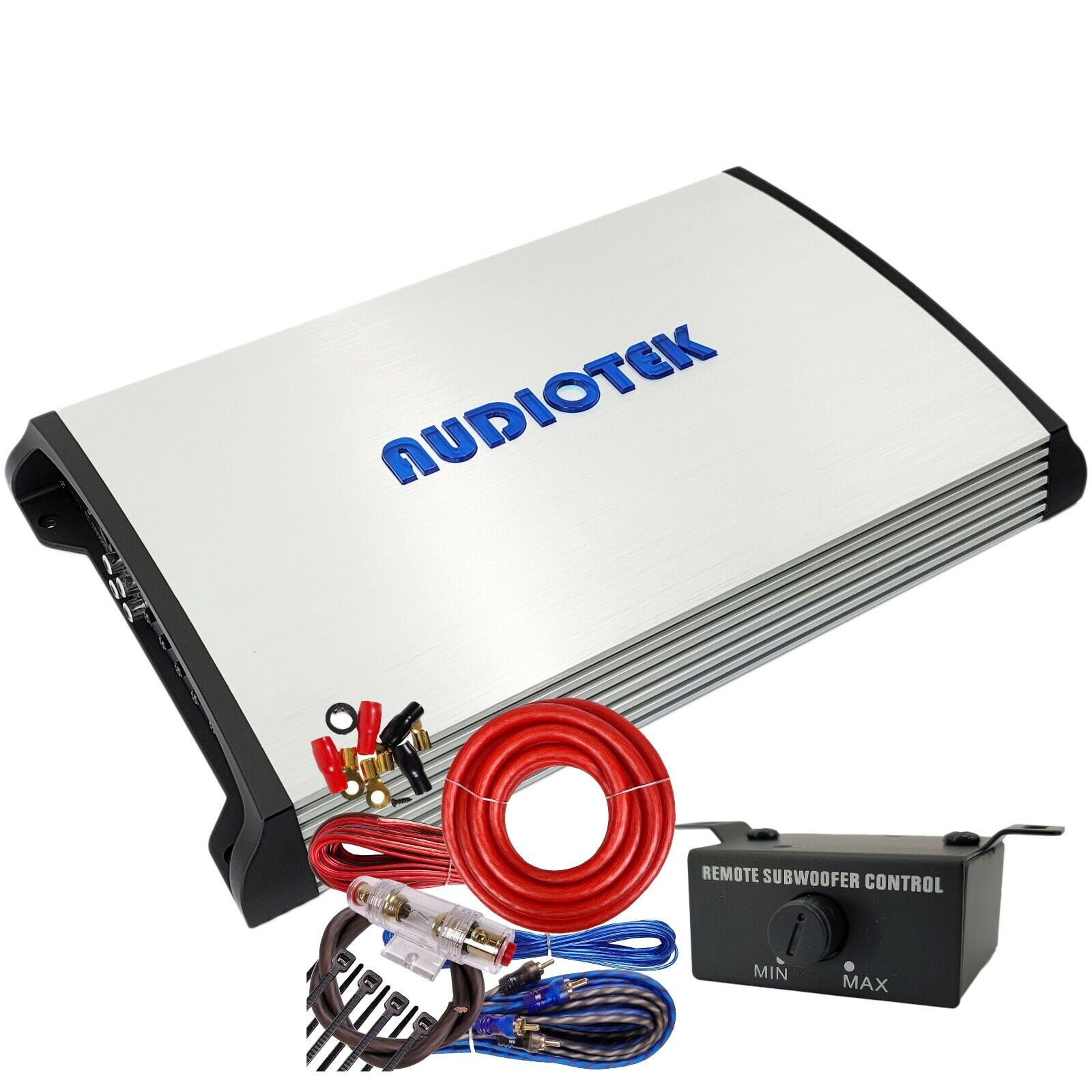 Audiotek 1 Channel 8000W Monoblock Class D Car Amplifier + 4 Gauge Amp Kit Red Bundle