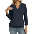 thumbnail image 2 of Womens 3/4 Sleeve Shirts Banded Bottom V Neck Summer Tops Loose Fit Casual Dressy Basic Tees Navy S, 2 of 5