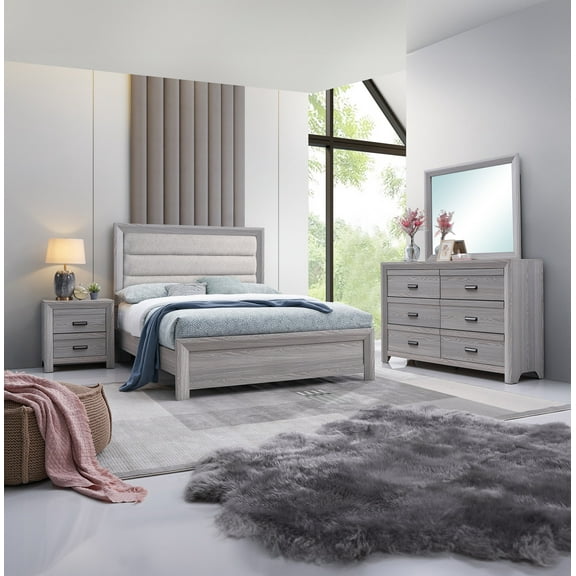 Contemporary Rustic 4Pc Queen Upholstered Bed Gray Wooden Bedroom Furniture Set