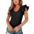 thumbnail image 4 of FOCUSNORM Women Ruffles Fly Sleeve Bodysuits Solid Color Knitted Ribbed V-Neck Skinny Rompers Summer Casual Playsuits, 4 of 9