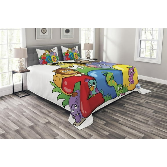Ambesonne Zoo Quilted Bedspread Set 3 Pcs, Zoo Sign Various Mascots, King Size, Multicolor