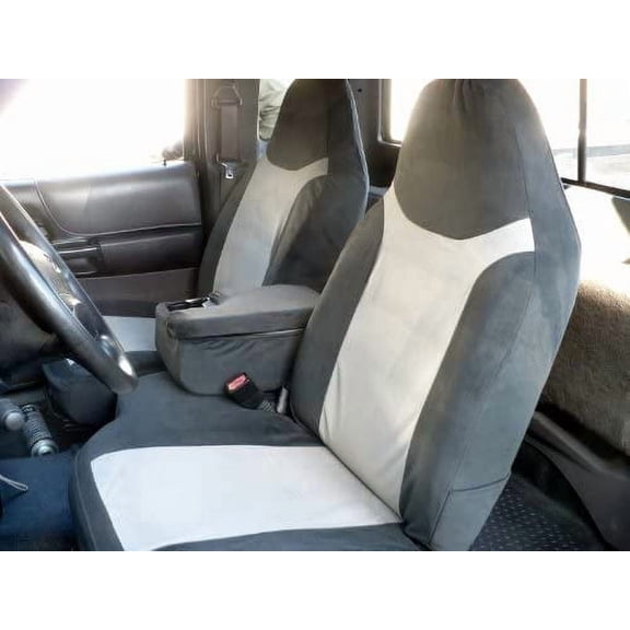 F286 2002-2003 Ford Ranger 60/40 Split Seat with Opening Center Console in Two Tone Gray Twill with Black Twill Inserts.