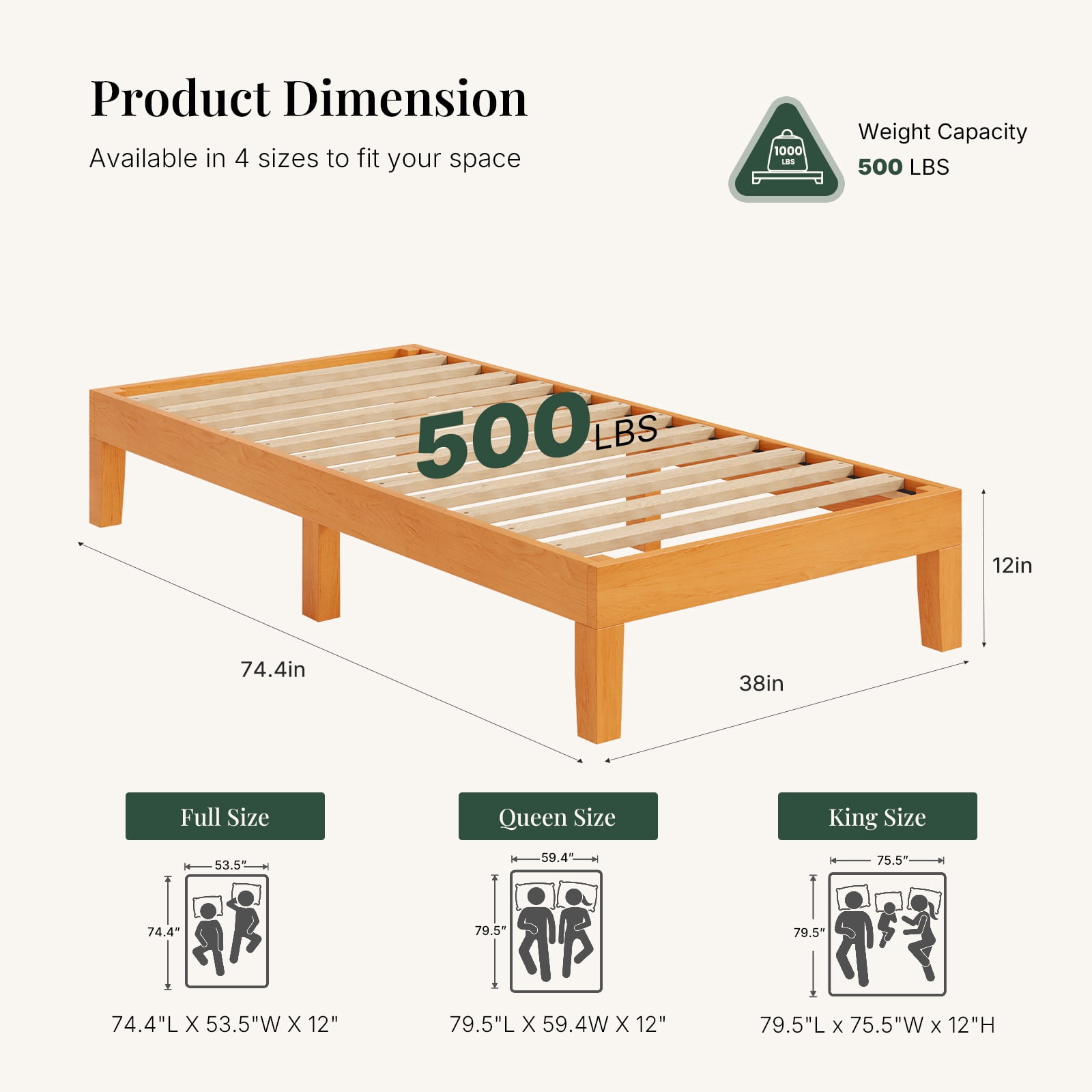 CONCETTA 12 Inch Twin Natural Pine Platform Bed Frame, Wood Slat Support, No Box Spring Needed