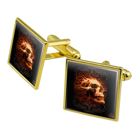 Flaming Fire Skull Design Square Cufflink Set - Silver or Gold