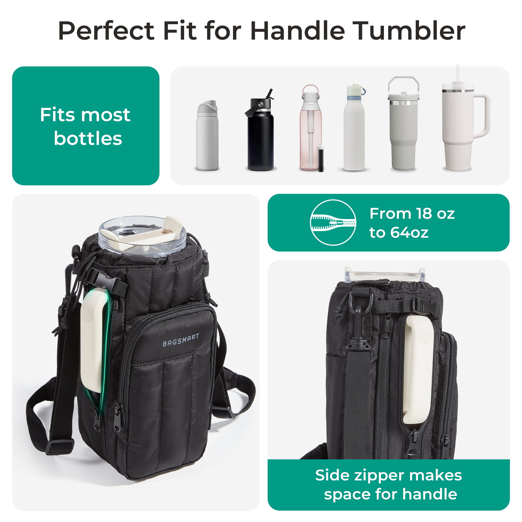 Bagsmart Unisex Expandable Water Bottle Carrier Bag for 32 oz to over 64 oz, Crossbody Water Bottle Holder with Adjustable Shoulder Hand Strap, Black