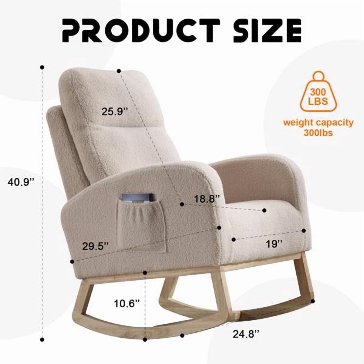 Modern Accent Rocking Chair Rocking Chair with Solid Wood Legs, Upholstered Nursery Glider Rocker, Comfy Armchair with Side Pocket, Living Room Lounge Arm Chair with High Backrest (Beige,teddy)