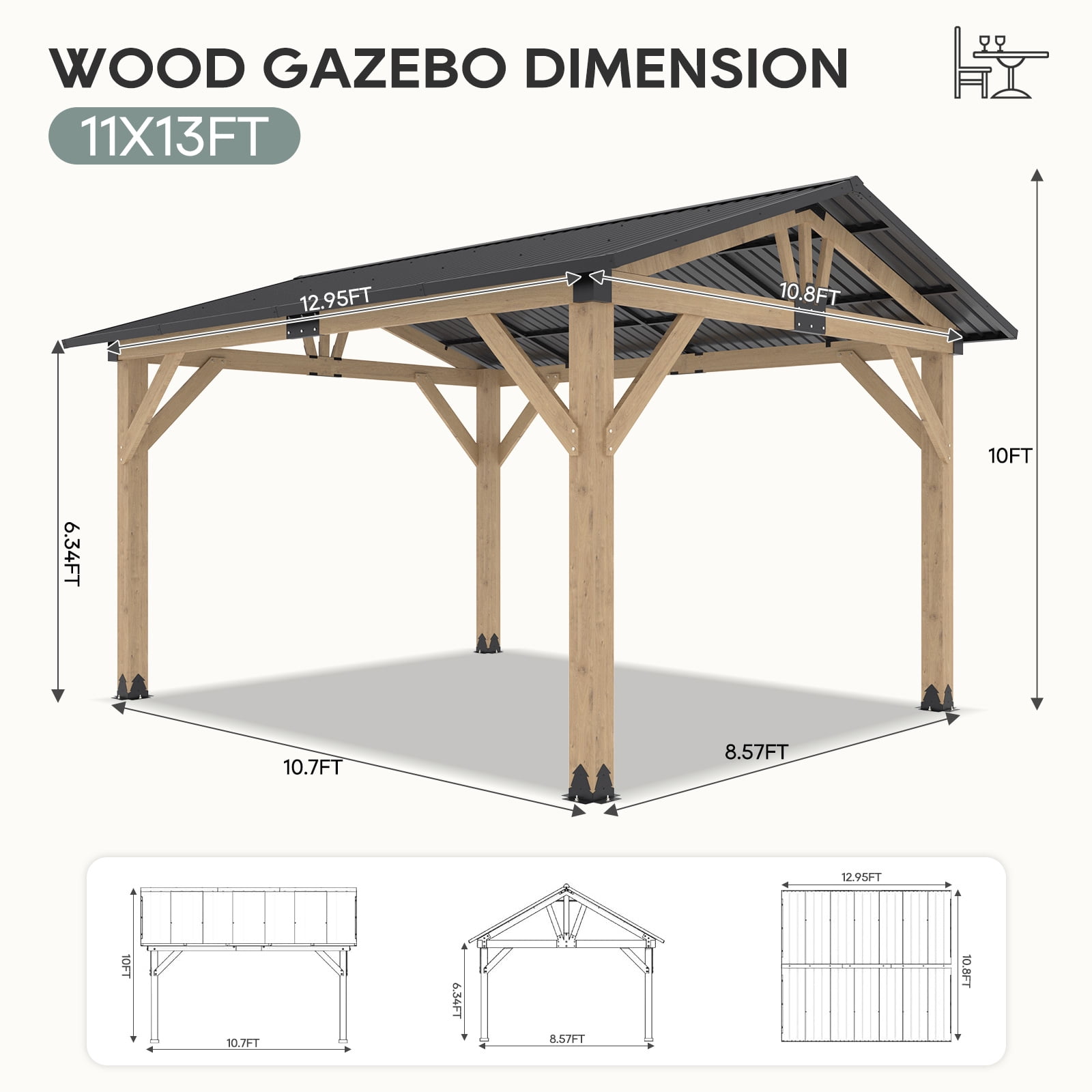 11‘x13’ Outdoor Patio Wooden Gazebo - Cedar Solid Wood Gazebo with Galvanized Steel Roof, Wooden Frame, Pavilion for Lawns, Beach, Patio, Garden (11X13FT)