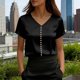 thumbnail image 3 of Eres Más Que Una Camisa de Puntuación de Prueba Moda de Verano de Mujer Color Sólido Casual Cuello en V Top de Manga Corta Mujeres Tops de Verano Casual, 3 of 5