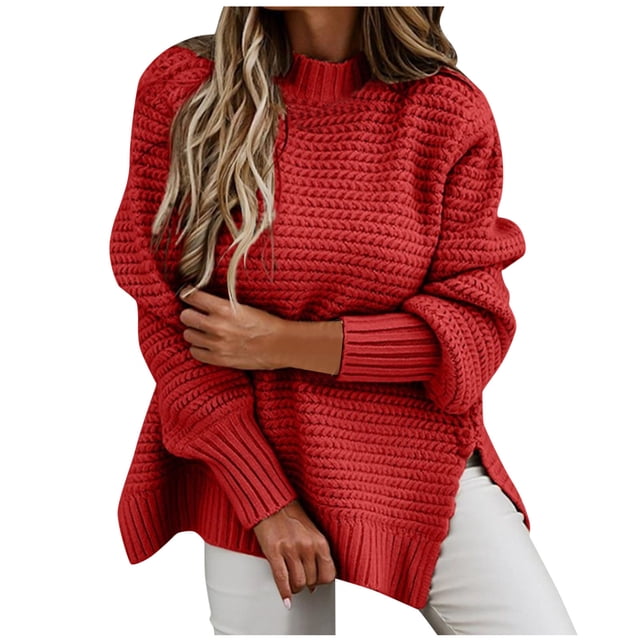 Gabardina para mujer Suéteres de mujer Medio cuello Suéter suelto de color sólido Top Manga larga Elegante Grueso Suéter cálido Blusa (Rojo, XL)