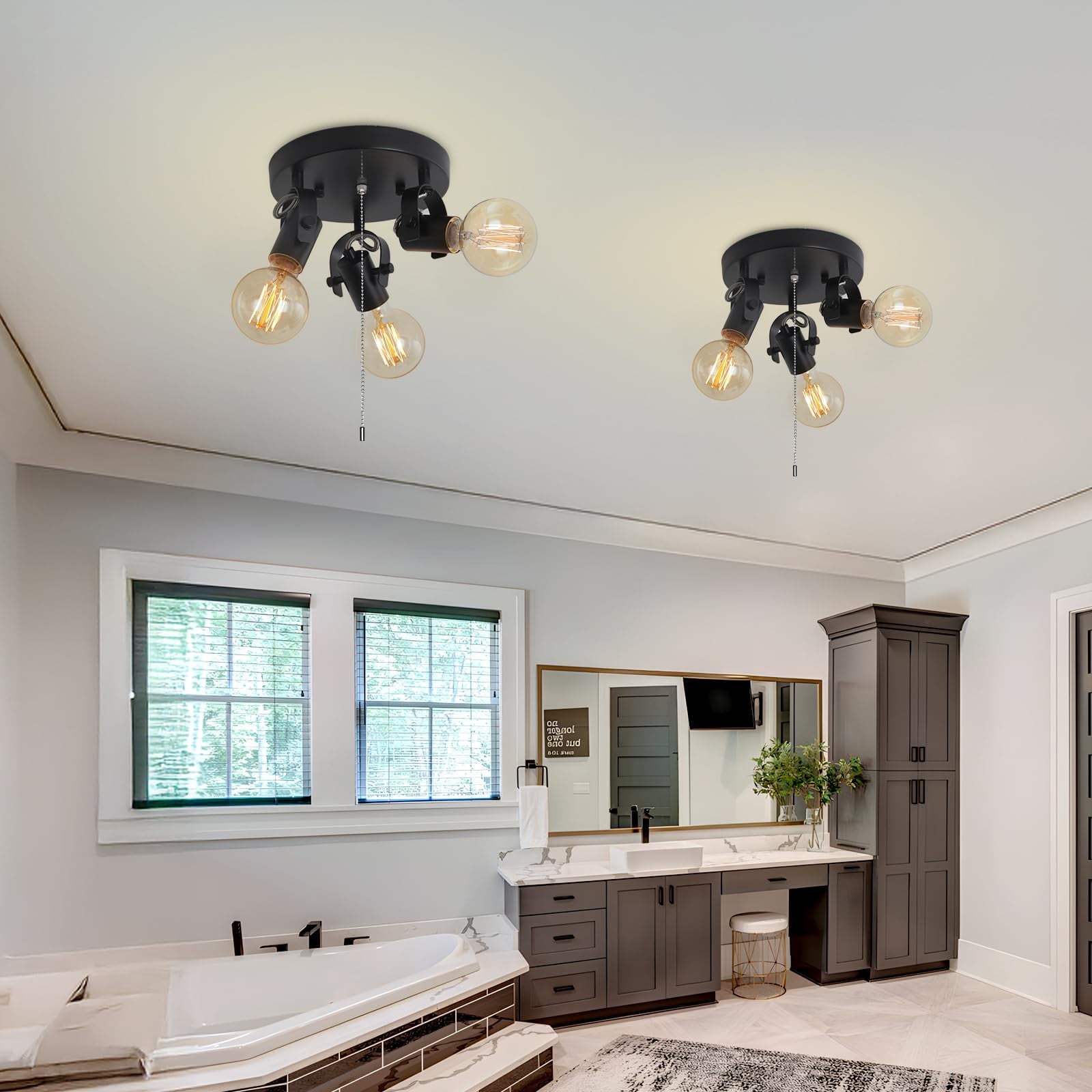 KEESFU 3-Light Industrial Flush Mount Ceiling Light, Black Fixture with Rotatable Heads and Pull Chain Switch for Bedroom Kitchen Hallway