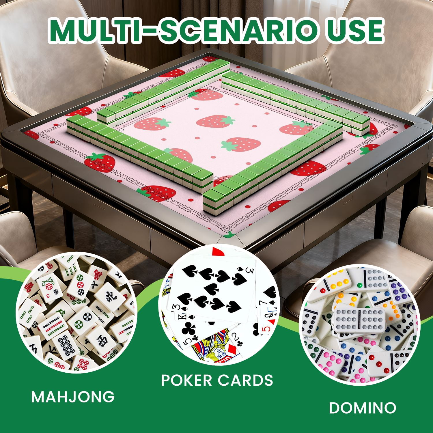 Mahjong Mat 31.5" x 31.5" Cute Strawberry Red Berries Green Leaves Pink Non-Slip Noise Reduction American Mahjong Tiles Table Cover for Dominoes Poker Card Board Games Gift