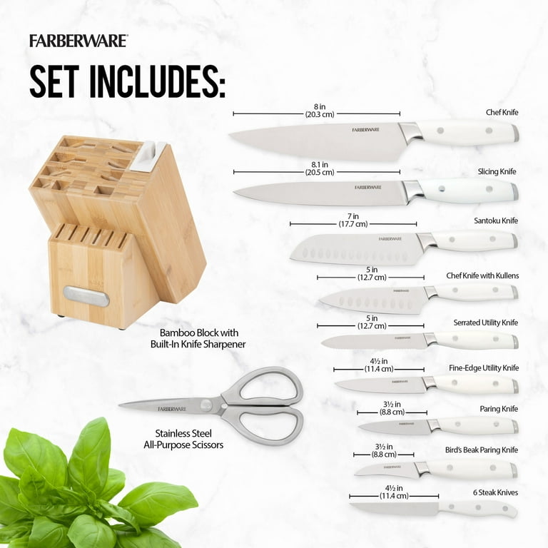 Farberware 15-Piece Triple Riveted Knife Block Set, High Carbon-Stainless  Steel Kitchen Knives, Razor-Sharp Knife Set with Wood Block, White and Gold
