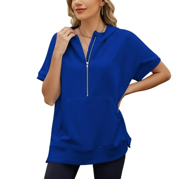 LYMAYTER Hoodies Short Sleeve for Women Casual Loose Oversized Half Zip Hoodies with Pockets Top for S-2XL