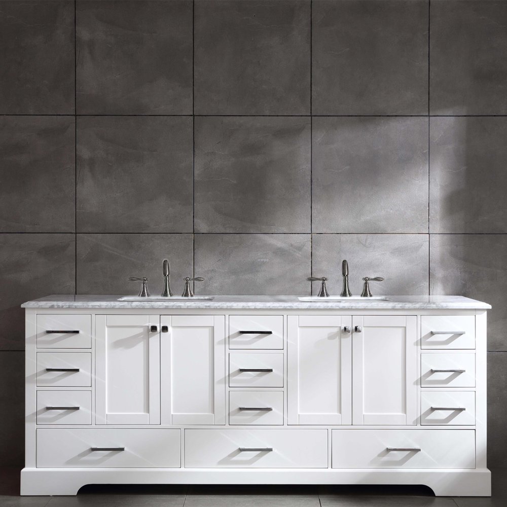Eviva Storehouse 84 Inch White Bathroom Vanity with Laxurious White Carrara Countertop