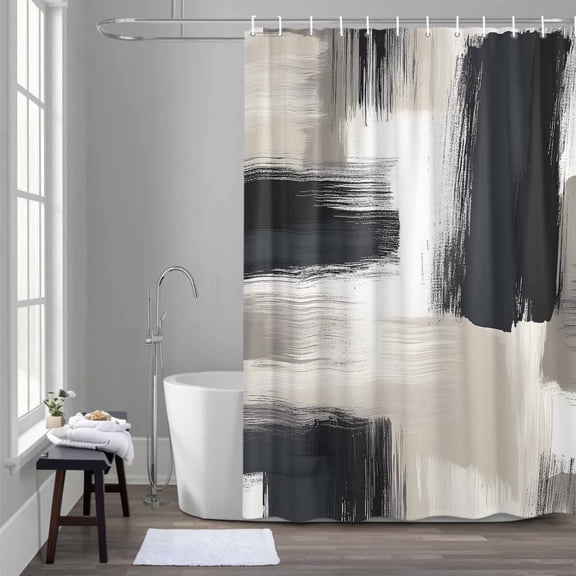 Abstract Color Block Shower Curtain for Bathroom Decor, Beige Black Grey Brush Modernism Waterproof Fabric Shower Curtain, 72"x72" Set with 12 Hooks