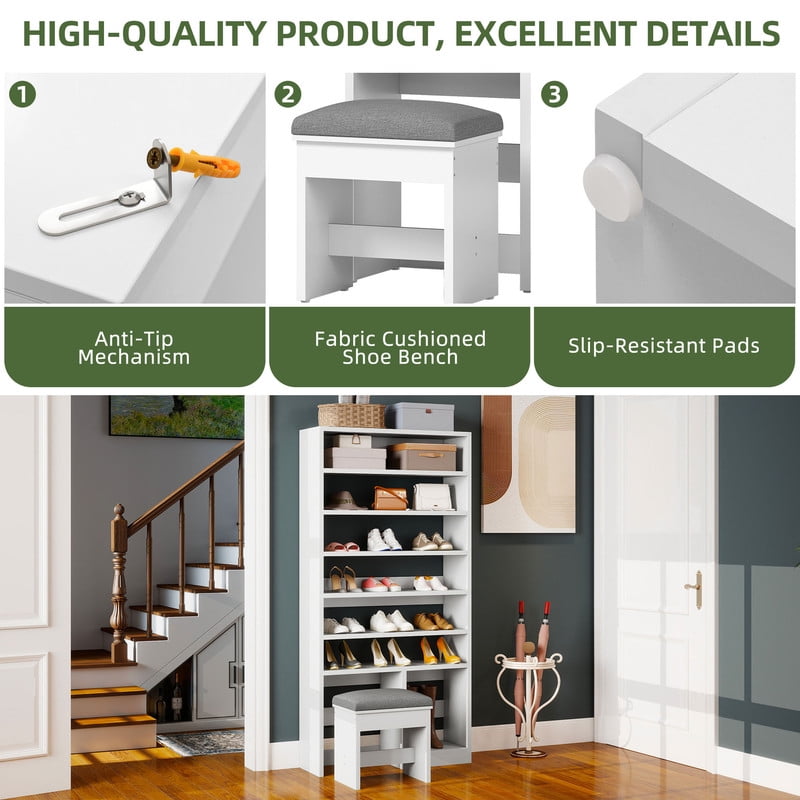 UFORIC 8-Tier Shoe Cabinet with Bench, 70.9" Tall Open Shoe Storage for Entryway, White