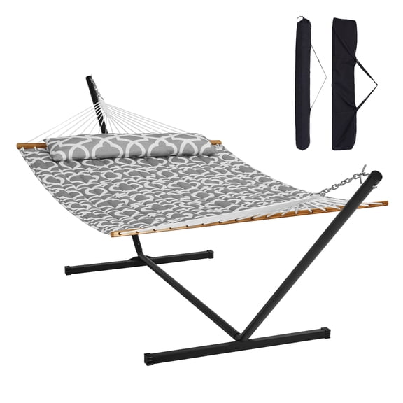KFFKFF 480 lb Capacity Double Quilted Fabric Hammock Two-Person Hammock with Stand
