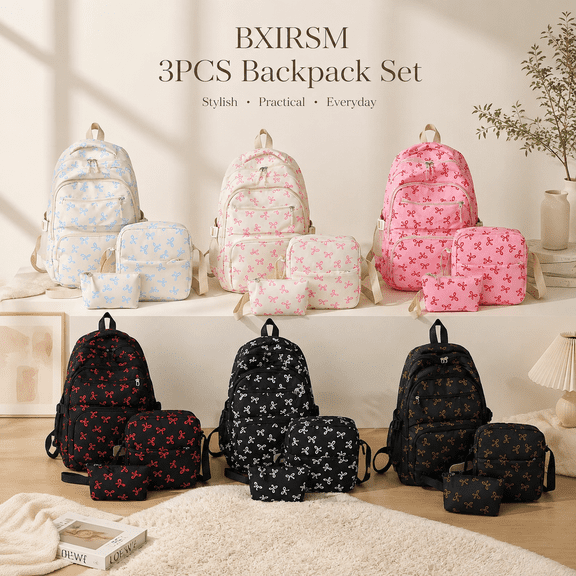 3-Piece Bow Backpack Set for Women Teen Girls, Cute Coquette Kawaii Oxford School Bag with Crossbody & Pencil Pouch, Aesthetic College Daypack