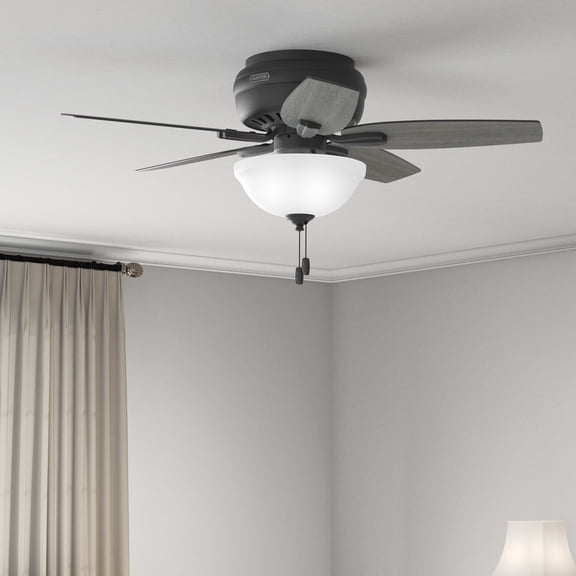 Hunter 42 inch Indoor Ceiling Fan with LED Light - Black Ceiling Fan with Pull Chain, For Bedroom or Living Room, Low Profile Mount, No Remote, 5 Blades, Includes Bulbs - Newsome 52394, Matte Black