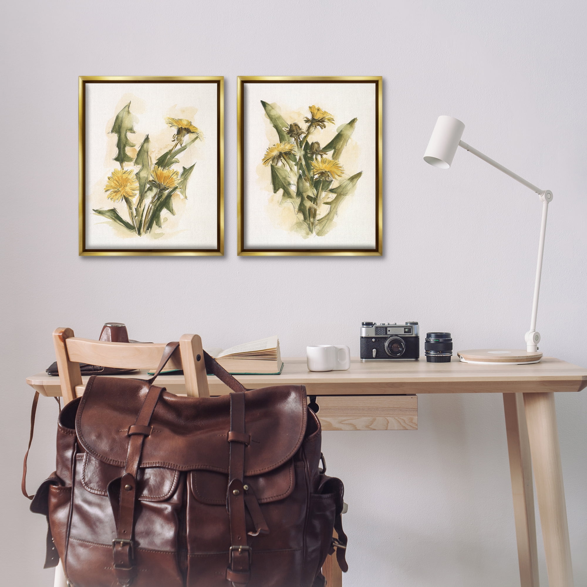 Stupell Industries Dandelion Watercolor Sketch Plants & Flowers Painting Gold Floater Framed Canvas Art Print Wall Art, 17 x 21, Set of 2