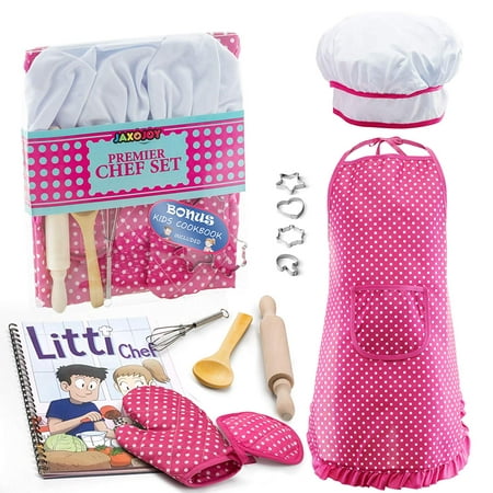 JaxoJoy Complete Kids Cooking and Baking Set - 11 Pcs Includes Apron for Little Girls, Chef Hat, Mitt & Utensil for Toddler Dress Up Chef Costume Career Role Play for 3 Year Old Girls and Up.