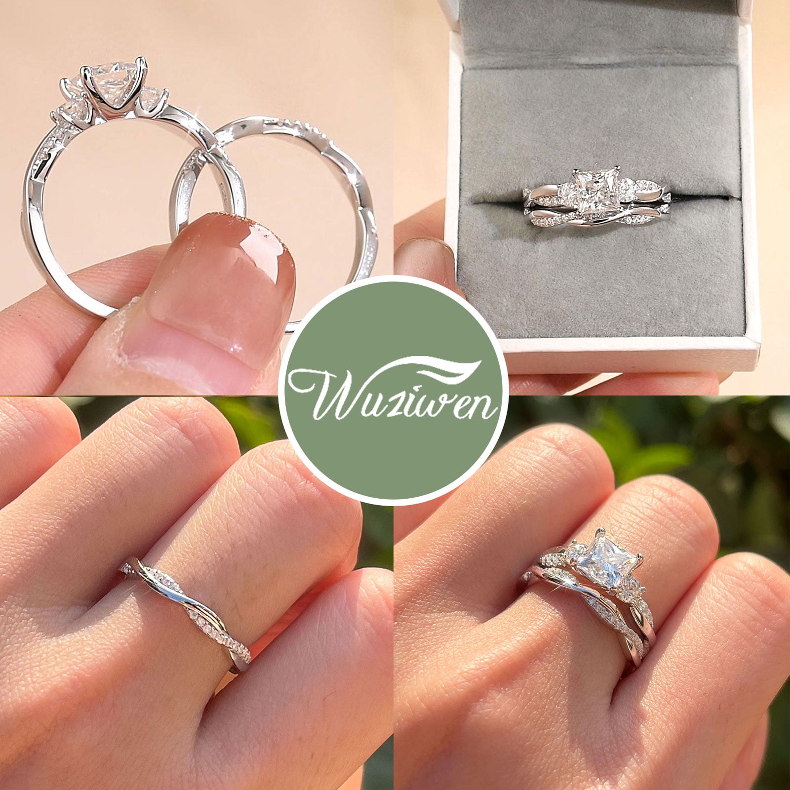 Wuziwen 1.4 Ct Princess Moissanite Wedding Ring Sets Twisted Band 925 Sterling Silver Rings for Women Size 7