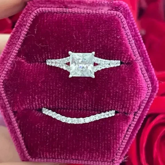 3.00Ct Princess Cut Simulated Diamond Women's Bridal Set Engagement Ring 14K White Gold Plated Silver