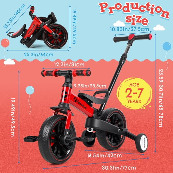 Porfeet Balance Bicycle with Push Handle for Kids 2-5 Years Old, 6 in 1 Folding Push Bike with Training Wheels and Pedals, Balance Bike for Boys and Girls with Brakes and Kickstand,Red