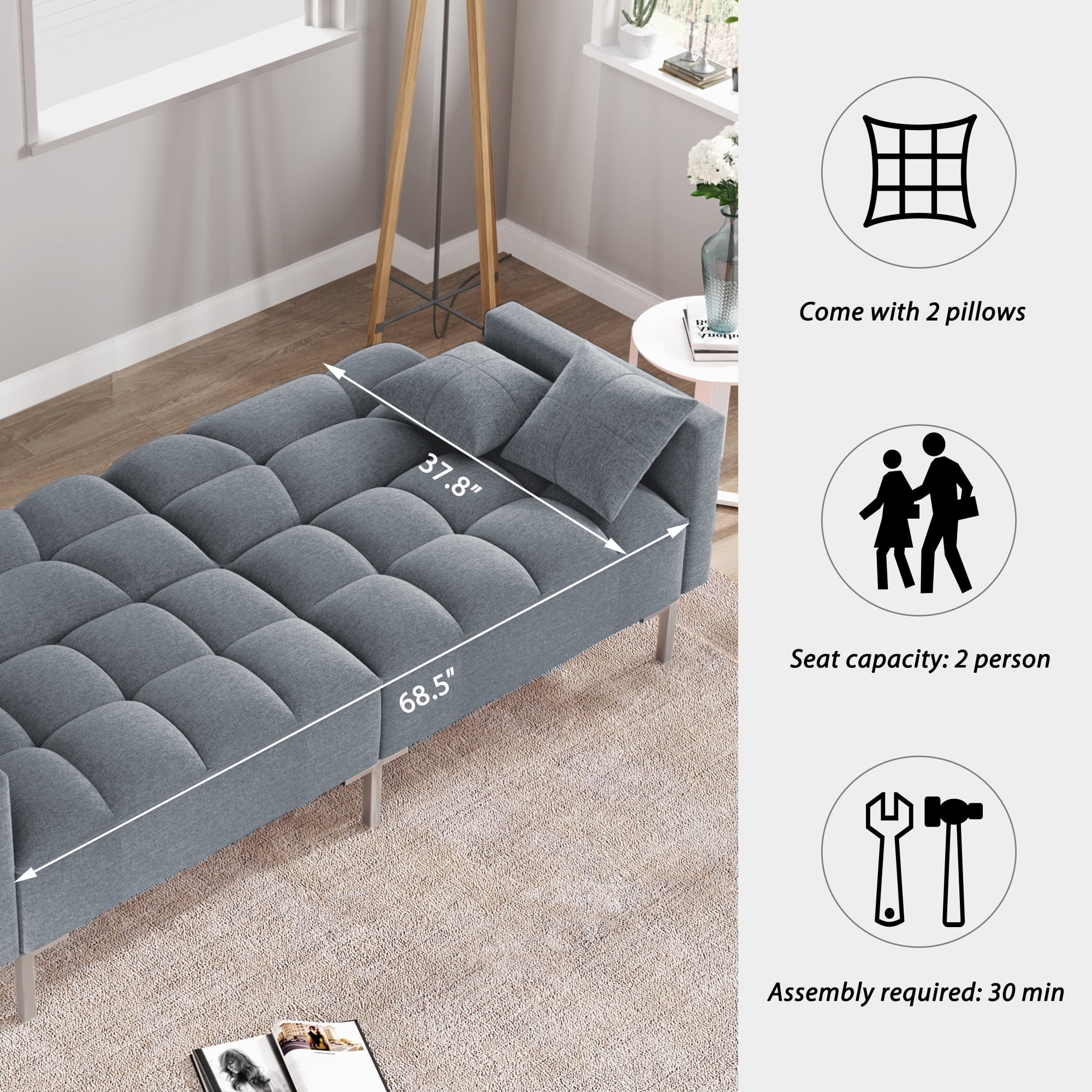 DEALTOPS Upholstered Futon Sofa Bed Sleeper Sofa Couch Convertible Folding Couch Bed Adjustable Recliner Loveseat Sofas for Living Room - Gray