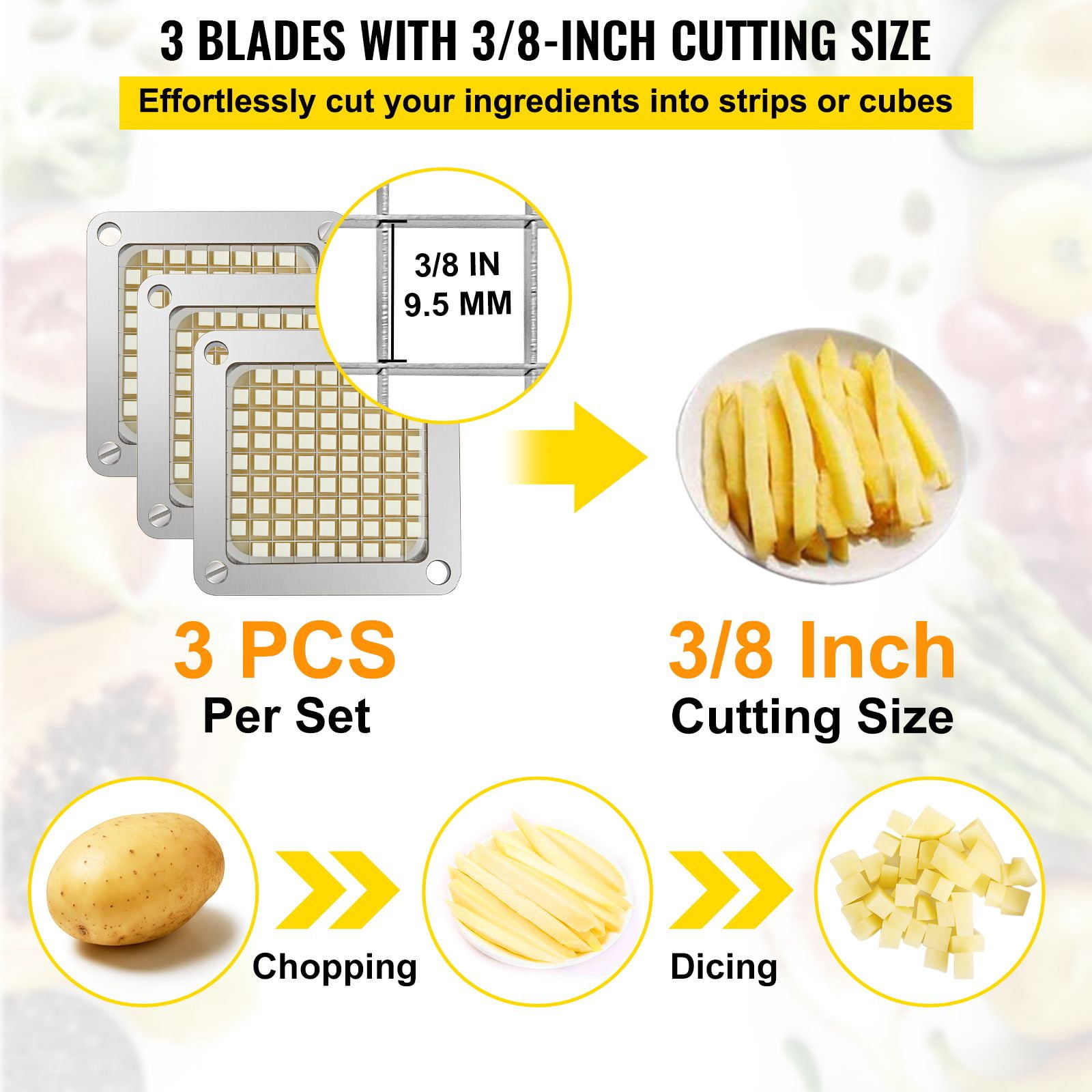 Replacement Chopper Blades 3-Pack, 3/8 Inch Cutting Size, Stainless Steel Blades with Aluminum Frame, Detachable, Compatible with Commercial Vegetable Choppers