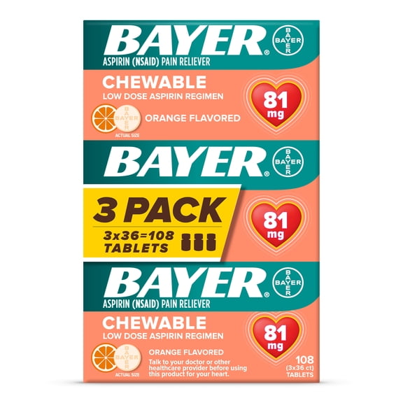 Bayer Chewable Aspirin Regimen Low Dose Pain Reliever Tablets, 81mg, Orange, 108 Count
