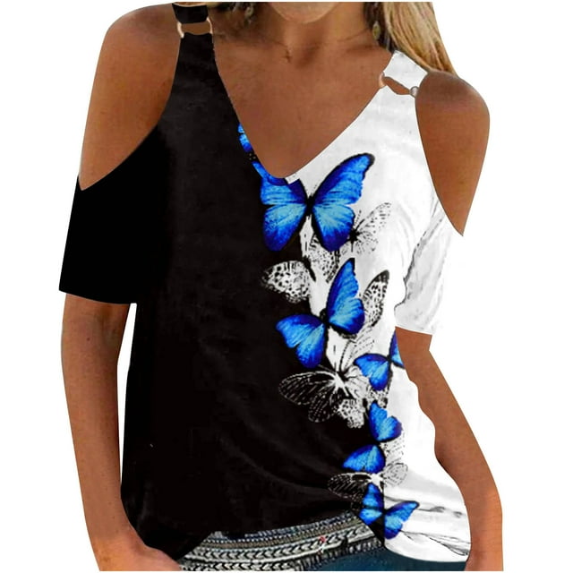 Camiseta sexy de verano para mujer, jersey con hombros descubiertos, blusa con cuello en V, camisetas estampadas de manga corta Fridja ghk4783