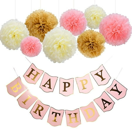 Mudder Happy Birthday Banner Tissue Paper Pom Poms Flower for Birthday Party