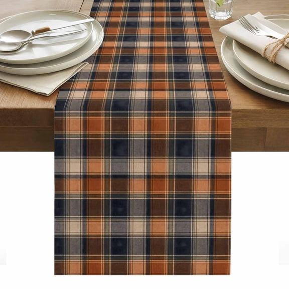 Orange Blue Plaid Table Runner Farmhouse Checkered Buffalo Fall Tablerunners 16 x 72 Inch, Table Decorations Tabletop Scarf for Summer Gathering Holiday Farmhouse Kitchen Dining Decor