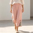 thumbnail image 5 of Utoimkio Women's Cropped Pants Linen Elastic Waist Floral Embroidery Capri Trousers with Side Pockets for Summer Beach Daily Walk, 5 of 9