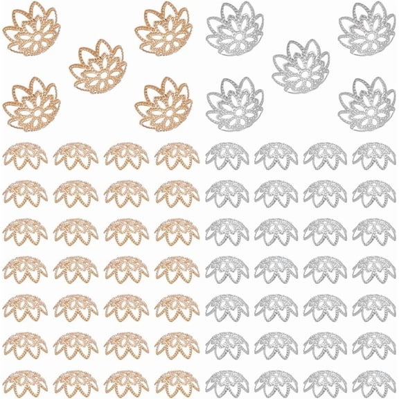 200Pcs 2 Colors Flower Bead Caps Hollow Bead Caps Bead End Cap 10mm Metal Spacer Beads Cap Multi-Petal Spacer Beads for Bracelet Necklace Earrings Jewelry Making Supplies for DIY
