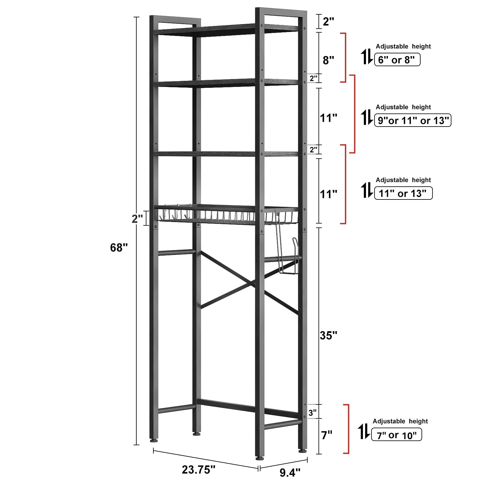 Biemlerfn Over The Toilet Storage Shelf, 4-Tier Wooden Bathroom Organizer Adjustable Saver Space Rack with Toilet Paper Holder, Classic Black