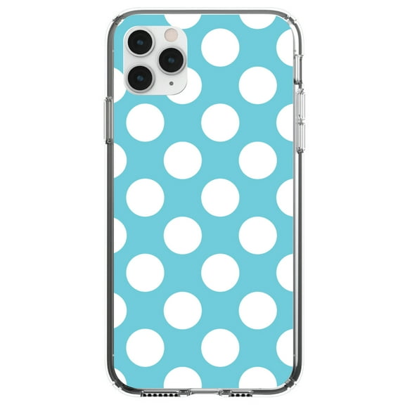 DistinctInk Clear Shockproof Hybrid Case for iPhone 13 Pro MAX (6.7" Screen) - TPU Bumper, Acrylic Back, Tempered Glass Screen Protector - White & Blue Polka Dots