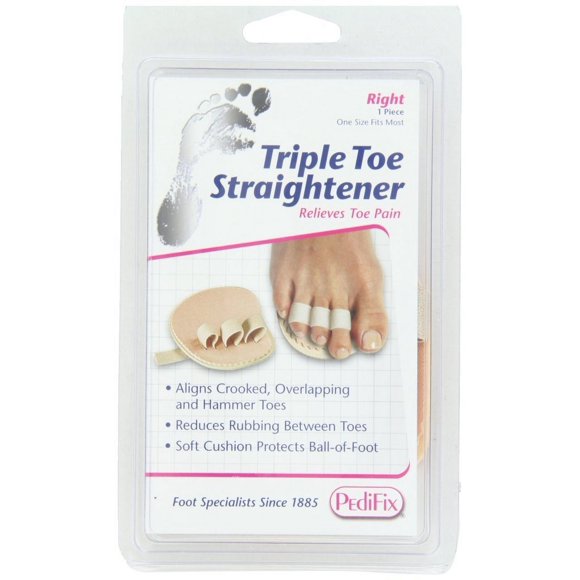 PediFix Triple Toe Straightener for Right Foot - Straightens Crooked Toes, Reduces Rubbing, Keeps Hammer Toes Flexible, Soft Cushion for Ball-of-Foot Protection