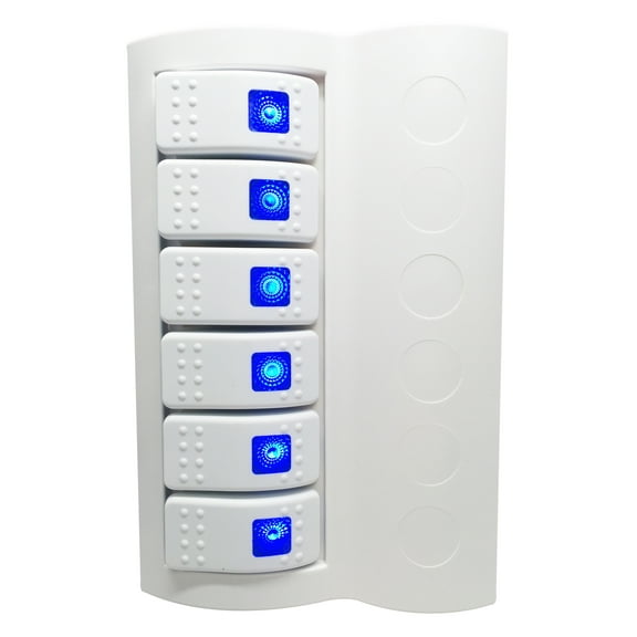 Pactrade Marine Boat Waterproof White Swich Panel Circuit Breaker 6 Gang Blue LED Rocker